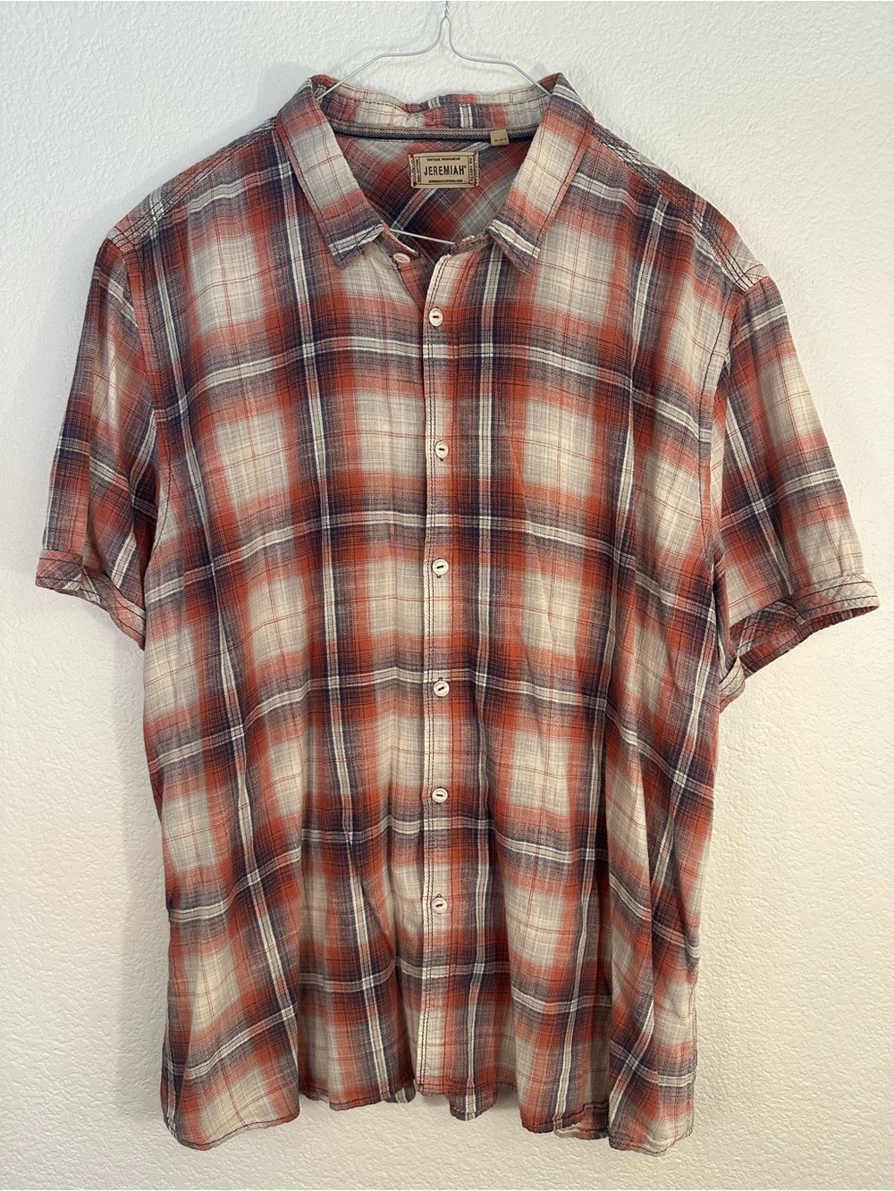 Jeremiah Shirt Men’s Plaid Short Sleeve Cotton Linen Button Up Rust Navy Casual